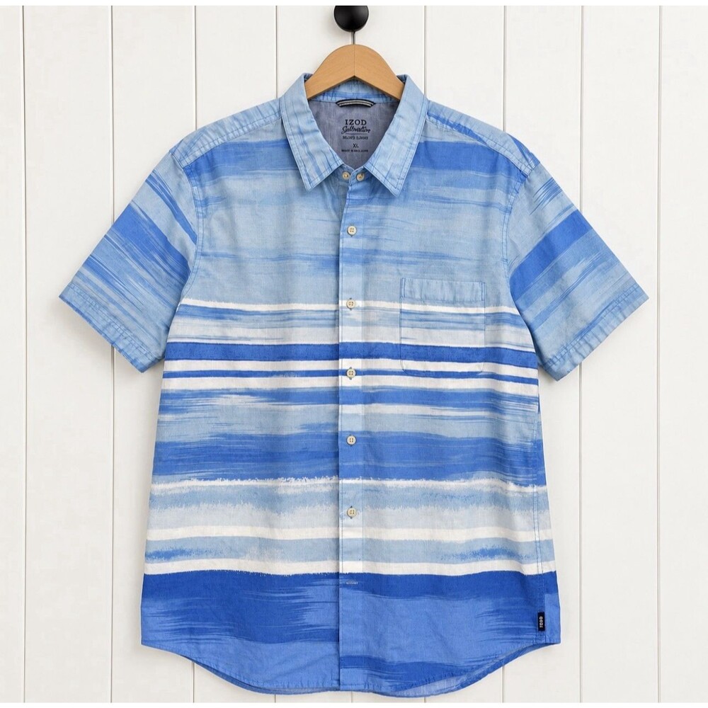 Izod Saltwater Relaxed Classics Men XL Blue Stripe Shirt 100% Cotton Resort